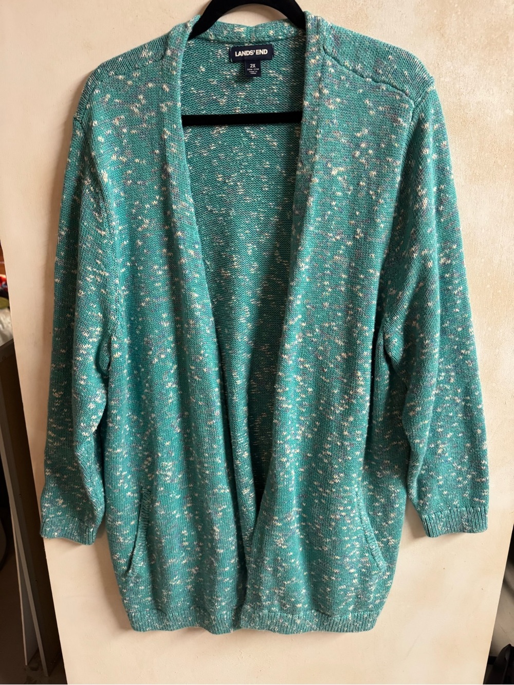 Lands' End Teal Speckled Open-Front Cardigan